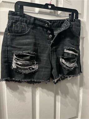 High-Rise Distressed Black Denim Shorts